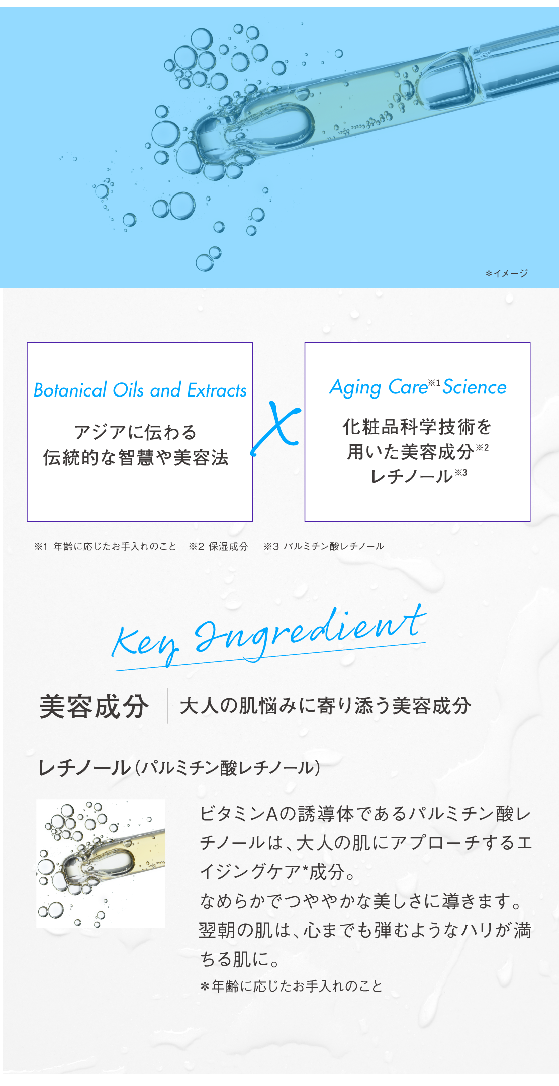 アジアに伝わる伝統的な智慧や美容法+化粧品科学技術を用いた美容成分
大人の肌悩みに寄り添う美容成分レチノール（パルミチン酸レチノール）