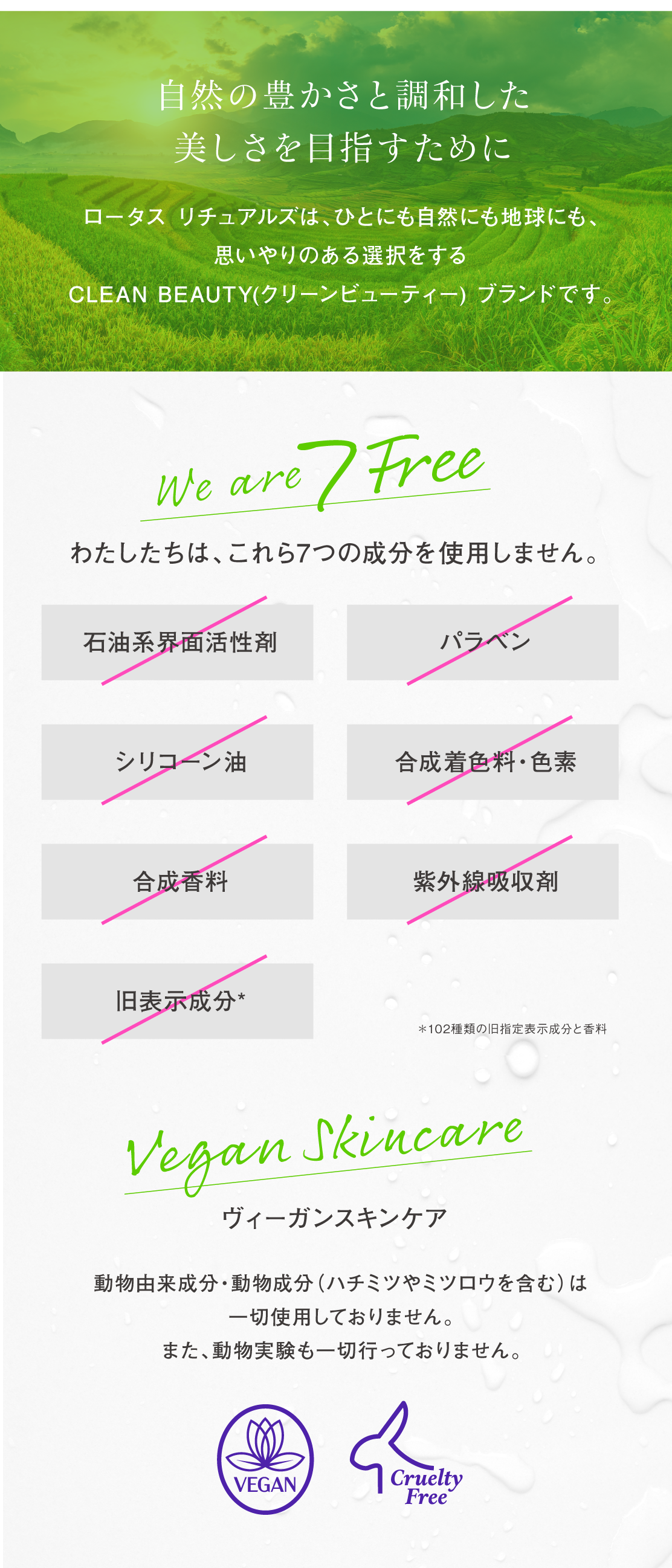 わたしたちは、これら7つの成分を使用しません。
・石油系界面活性剤・パラベン・シリコーン油・合成着色料・色素・合成香料・紫外線吸収剤・旧表示成分
動物由来成分・動物成分（ハチミツやミツロウを含む）は一切使用しておりません。
また、動物実験も一切行っておりません。